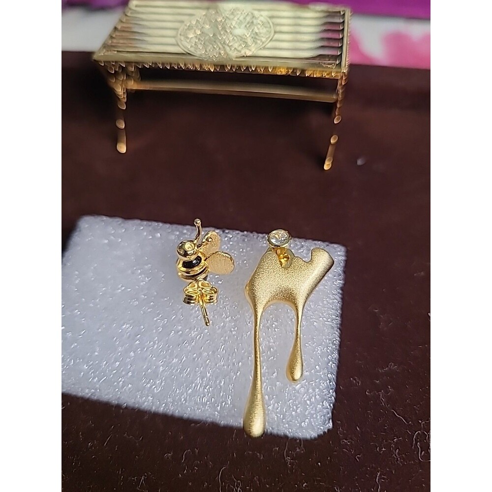 Sterling Silver Gold Tone Bee Honey Bumblebee Ear Jacket CZ Stud Earrings